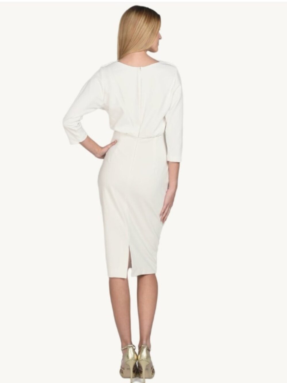 NWT Badgley Mischka Boat Neck Blouson Sheath Dress 3/4 Sleeve Midi Ivory $295.00 - Picture 2 of 12